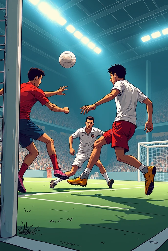 "The ball barely grazes the goalkeeper&#39;s hand and hits the post with a metallic sound.. The ball bounces back into the area, where another COAR player, with his white polo shirt, prepares to pick it up. The excitement on the pitch is evident, with opposing players running to defend their goal."IN COMIC FORMAT AND ON A FUTSAL FIELD