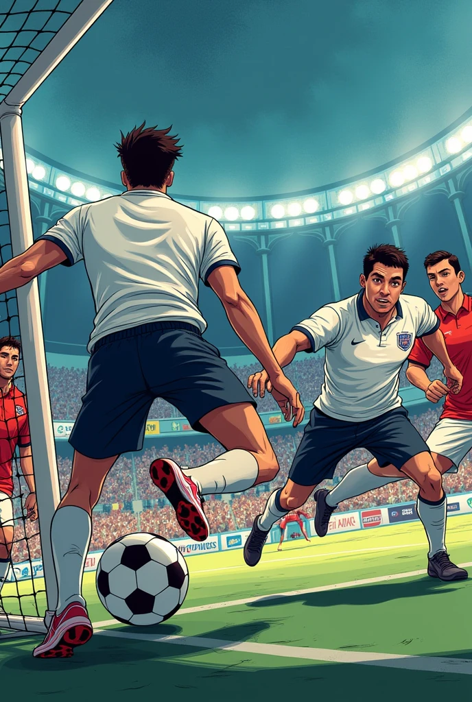 "The ball barely grazes the goalkeeper's hand and hits the post with a metallic sound.. The ball bounces back into the area, where another COAR player, with his white polo shirt, prepares to pick it up. The excitement on the pitch is evident, with opposing players running to defend their goal."IN COMIC FORMAT AND ON A FUTSAL FIELD