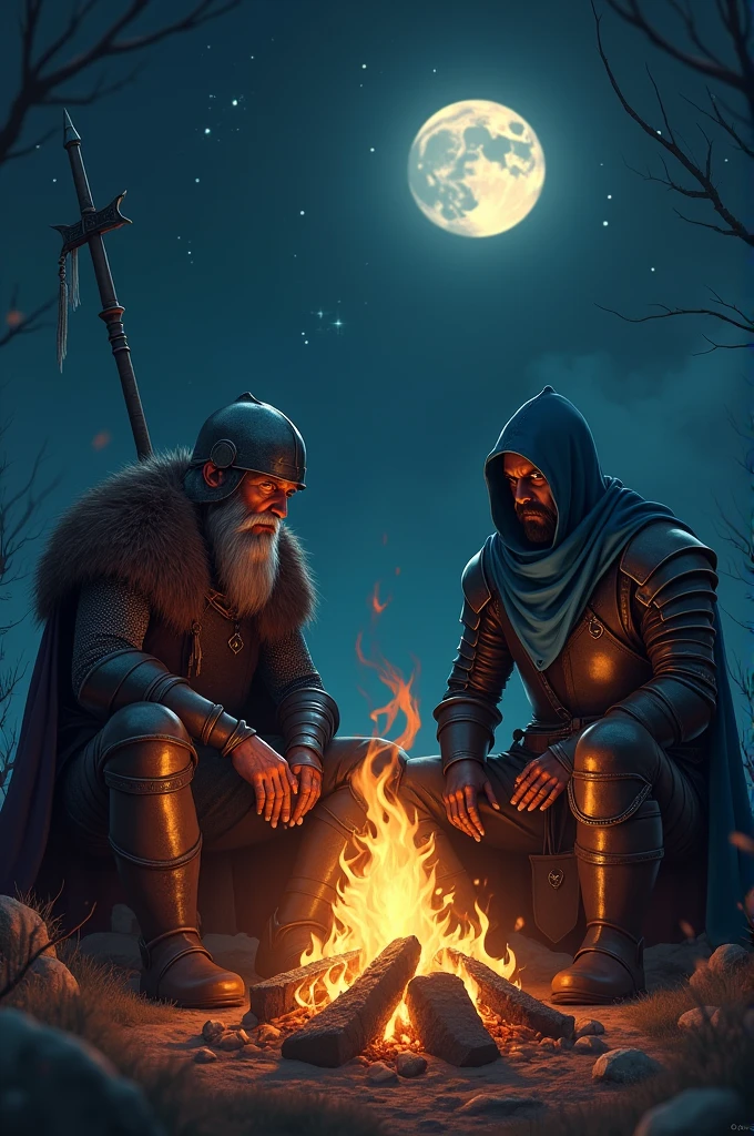 Create a picture of an ax-wielding black Viking and a trident-wielding knight sitting talking around a campfire at night. The Viking wears half armor with a broken helmet, while the second knight wears light black armor with a blue scarf that partially covers his face. They are sitting near a lit campfire, with a dark night sky with stars and the moon in the background. Make sure details like their armor, cape, and the firelight that illuminates their faces are clearly visible.