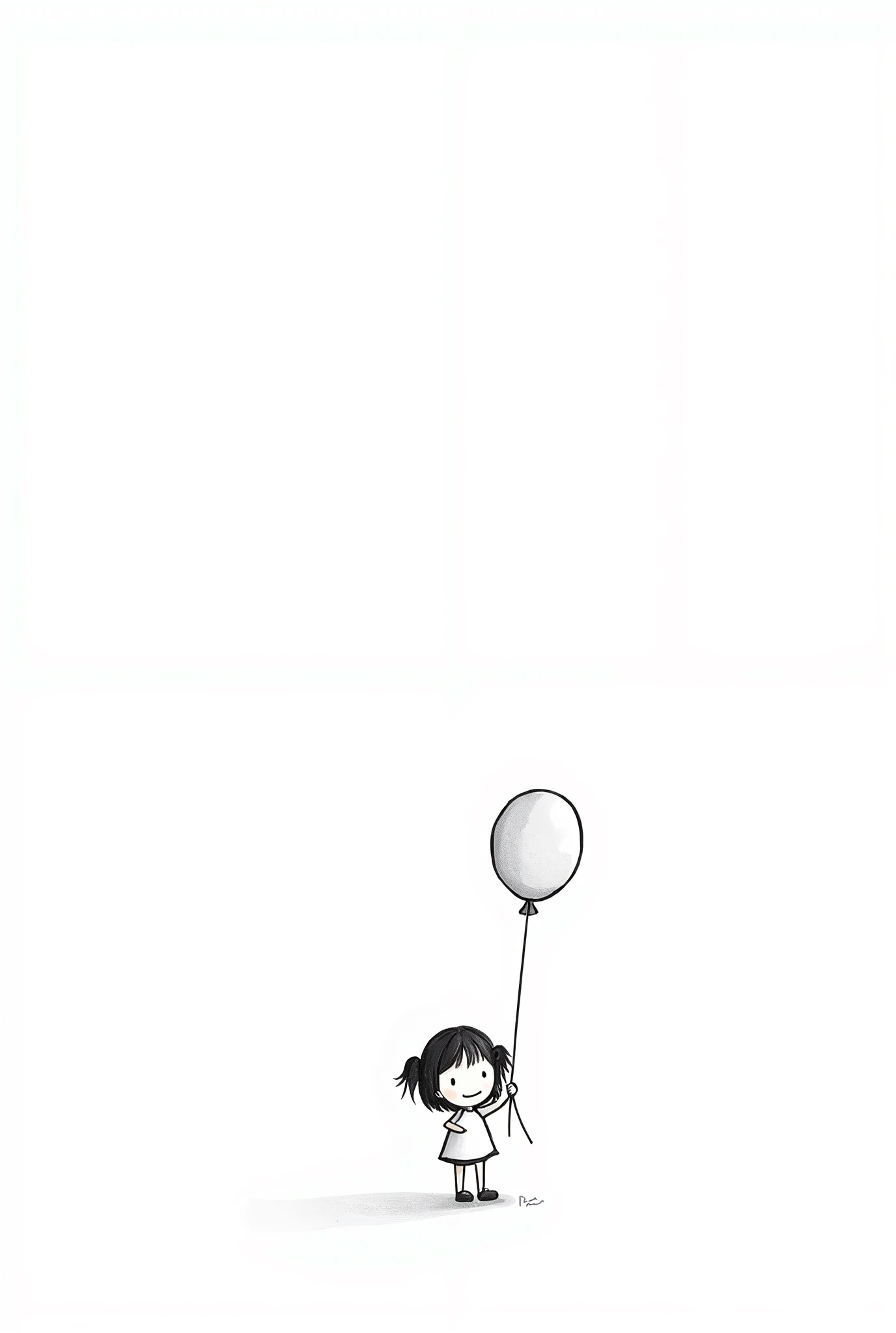 (Most of the background is solid white color.),Simple little cute cartoon girl, doodle, minimalist, black and white, , holding a balloon
