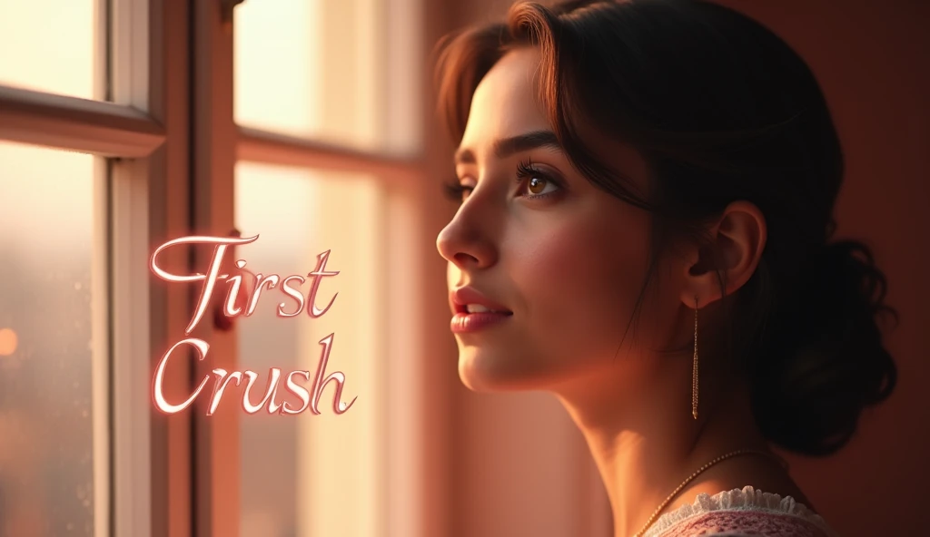 Main Image: A close-up shot of a young person female looking out a window with a dreamy, contemplative expression. The background is slightly blurred to emphasize the emotions on the person’s face. The color palette should be warm and soft, with hues of pink, peach, or soft gold to evoke feelings of nostalgia and affection. Text: The song title "First Crush" is written in elegant, cursive font, with a subtle glow effect to make it stand out. The text should be placed at the bottom or the top of the image, ensuring it doesn’t cover the face but is still prominent and easy to read.and by Yash .Additional Elements: Include small, subtle heart icons or soft light flares around the title text to enhance the romantic feel without overpowering the image.