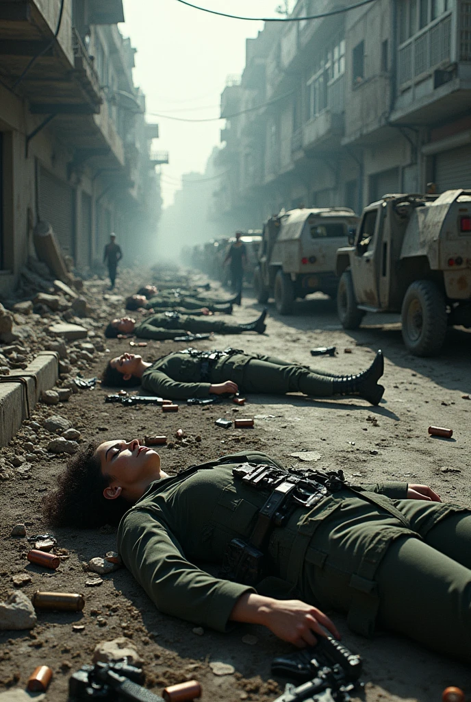 multiple dead bodies of female insurgents next to destroyed armored vehicles that got eliminated while patrolling the street. cinematic scene, war zone, 