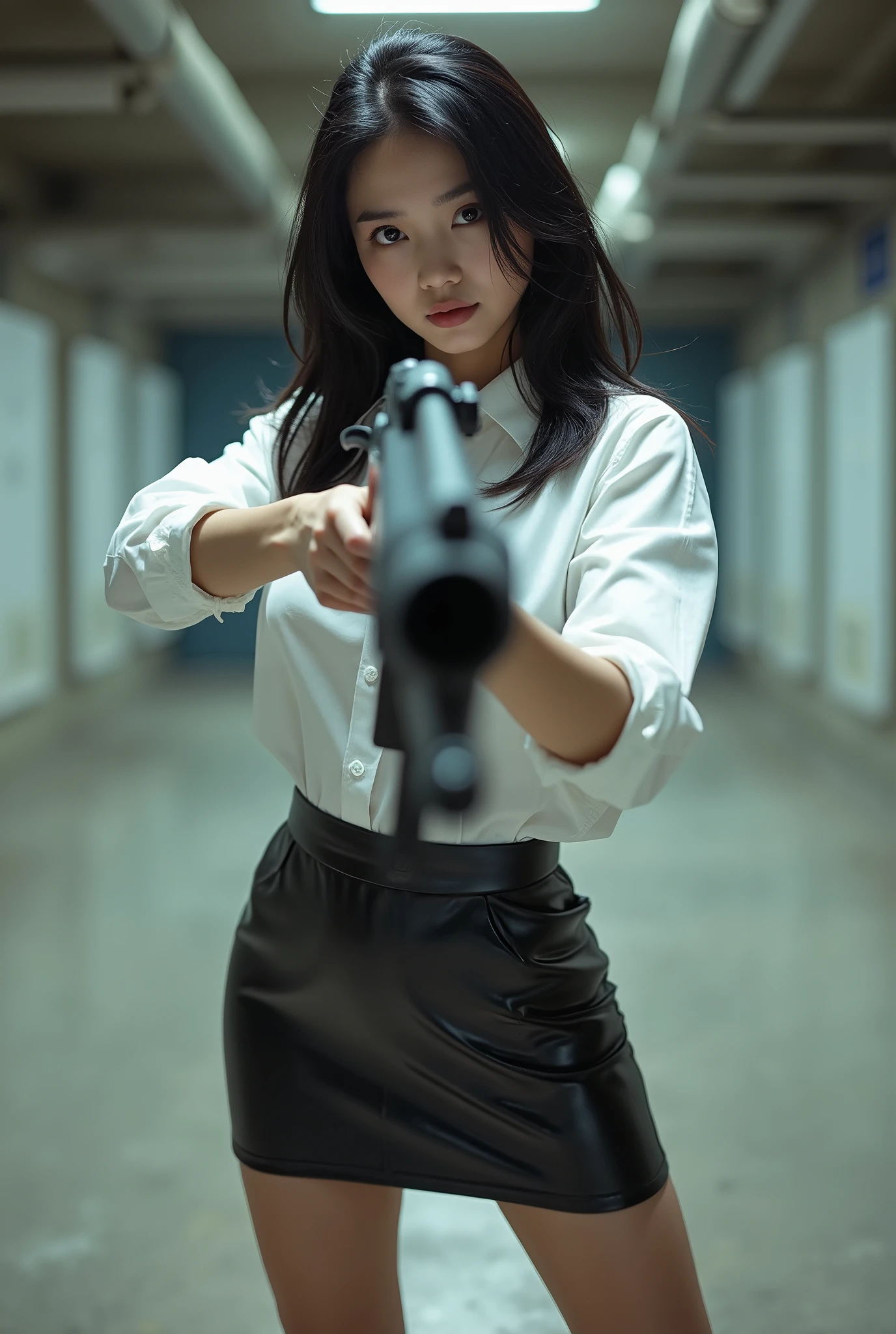 beautiful sweet big eyes office lady korean white shirt latex low mini skirt standing legs spreading firing rifle gun toting aiming full portrait shooting range gun point at you target practice