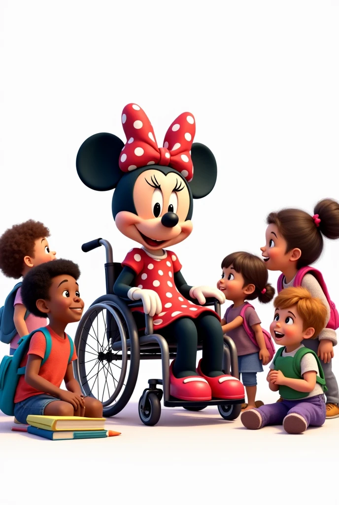 Draw for me Minnie Mouse Disney in a wheelchair with several ren feeling included among them books pencils backpacks Disney Pixar style with white background full image