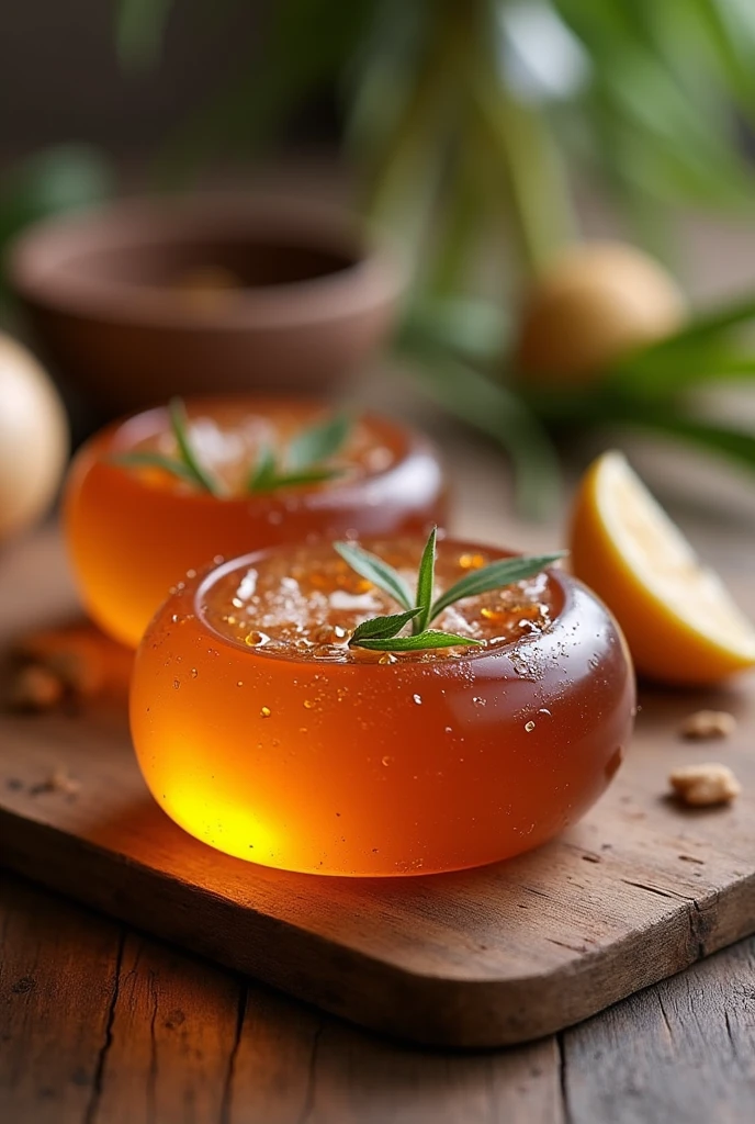 Create a soap for Facebook posts, a clear copper color, a round shape, named "Petchlada Soap" on the soap in Thai.