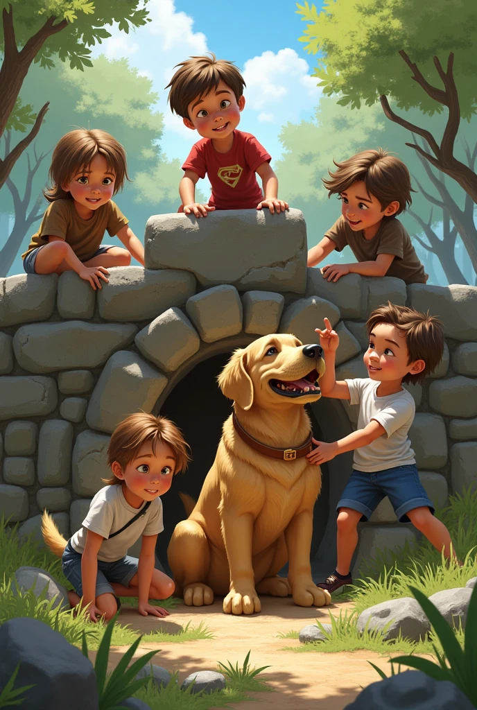 The boy Lucas and his dog Max the Golden Labrador together with their child friends reinforce the fortress with stones and branches in action