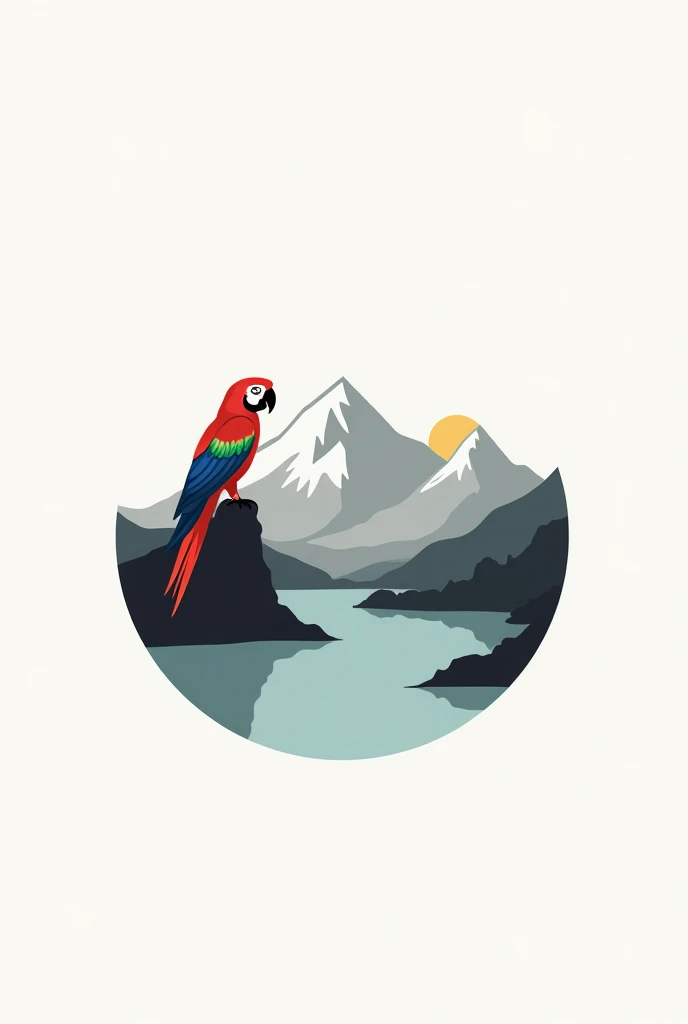 Create me a logo with the following characteristics: mountain peaks, mono, Macaw, laguna, JAC Perico Water