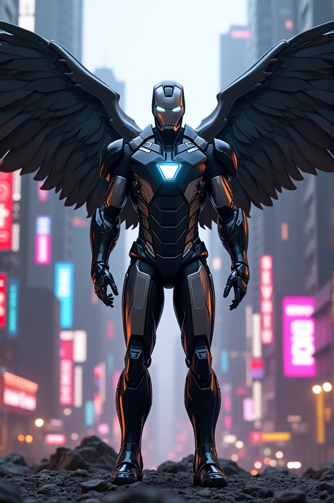 Black colour iron man standing in fornt of city with his bird wings