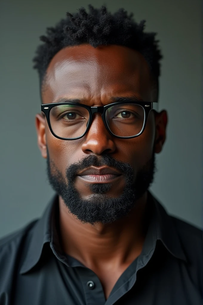 A 40-year-old black man with glasses and a look that exudes confidence and masculinity