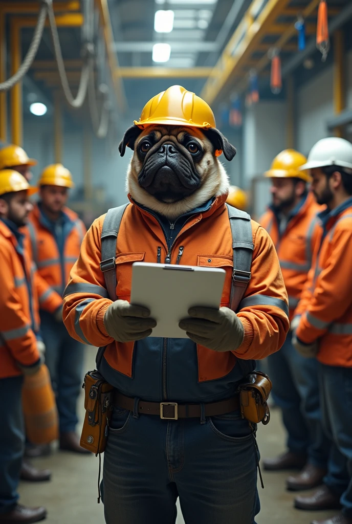 a pug dog who teaches at the Rigging Academy with the characteristics of a construction engineer
