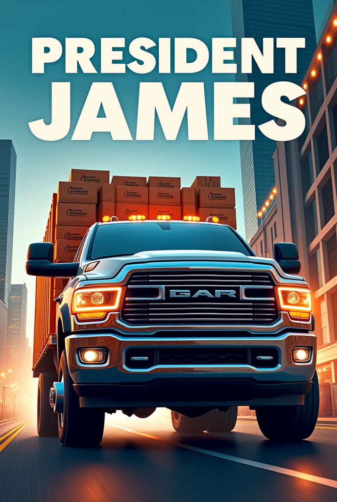 A poster of a pickup truck delivering parcels with the words &quot;President James&quot; written on it.