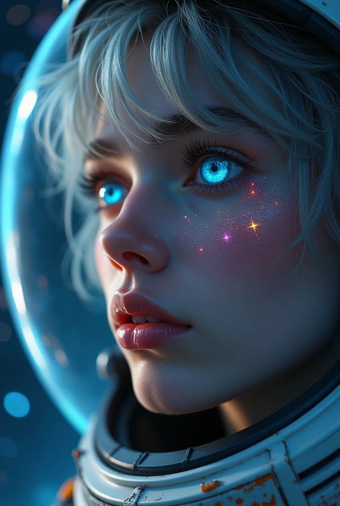 (Close-up of a better masterpiece:1.5)0.9], (Space and astronauts:1.2) (Messy silver hair:1.1) (Heterochromia xanthochromia and blue eyes:1.2) (Space Helmet:1.0) (Colored stars in the eyes:1.0) (A radiant glow:1.1) (thick lips:0.9)