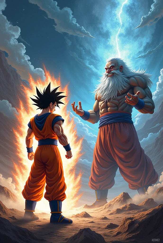 Goku with dark skin and ultra instinct fighting with uncle grandpa