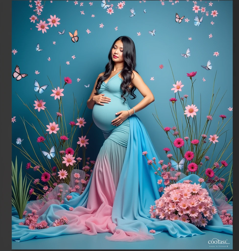 pregnant woman in a blue dress surrounded by flowers and butterflies, a colorized photo by Bernardino Mei, trending on cg society, art photography, cyan photographic backdrop, maternal photography 4 k, full body photoshoot, pink and blue colour, full body pose, * colour splash *, blue and pink colour splash, modeling photography, belly free teal dress, colored photography, full body wide shot