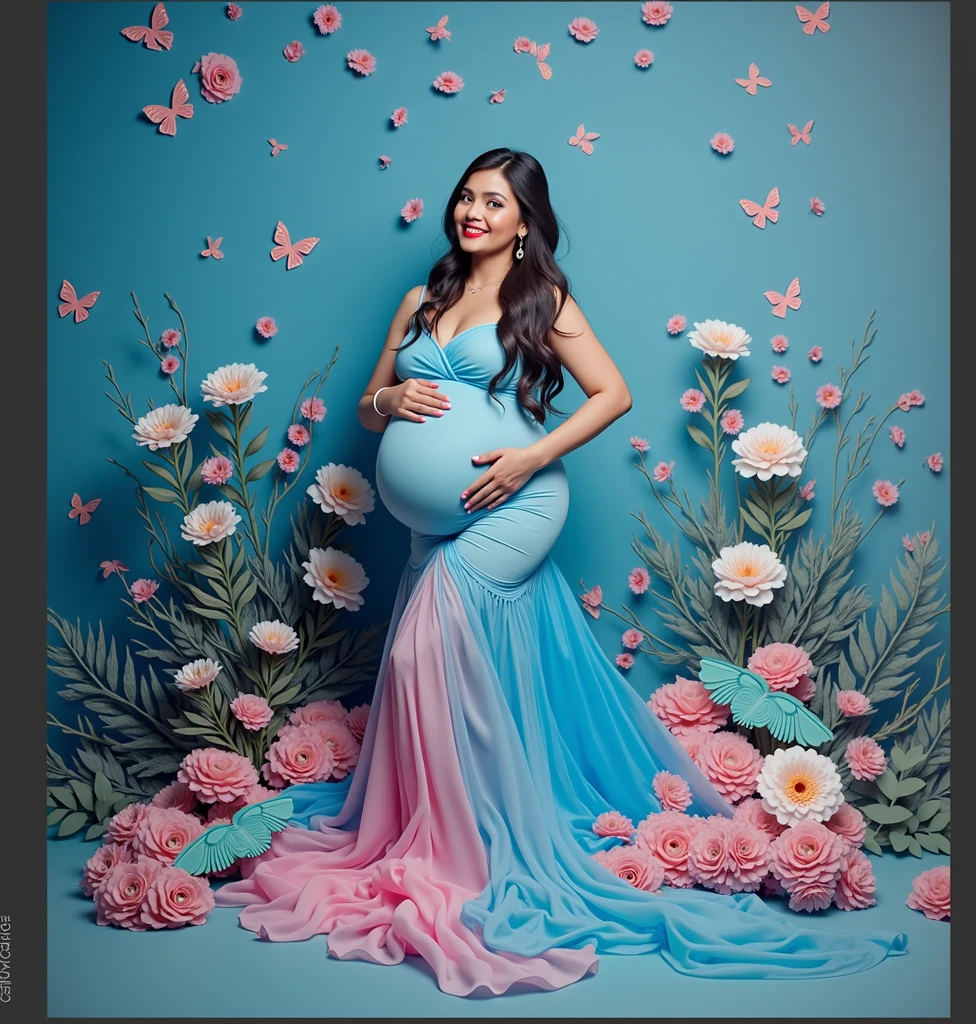 pregnant woman in a blue dress surrounded by flowers and butterflies, a colorized photo by Bernardino Mei, trending on cg society, art photography, cyan photographic backdrop, maternal photography 4 k, full body photoshoot, pink and blue colour, full body pose, * colour splash *, blue and pink colour splash, modeling photography, belly free teal dress, colored photography, full body wide shot