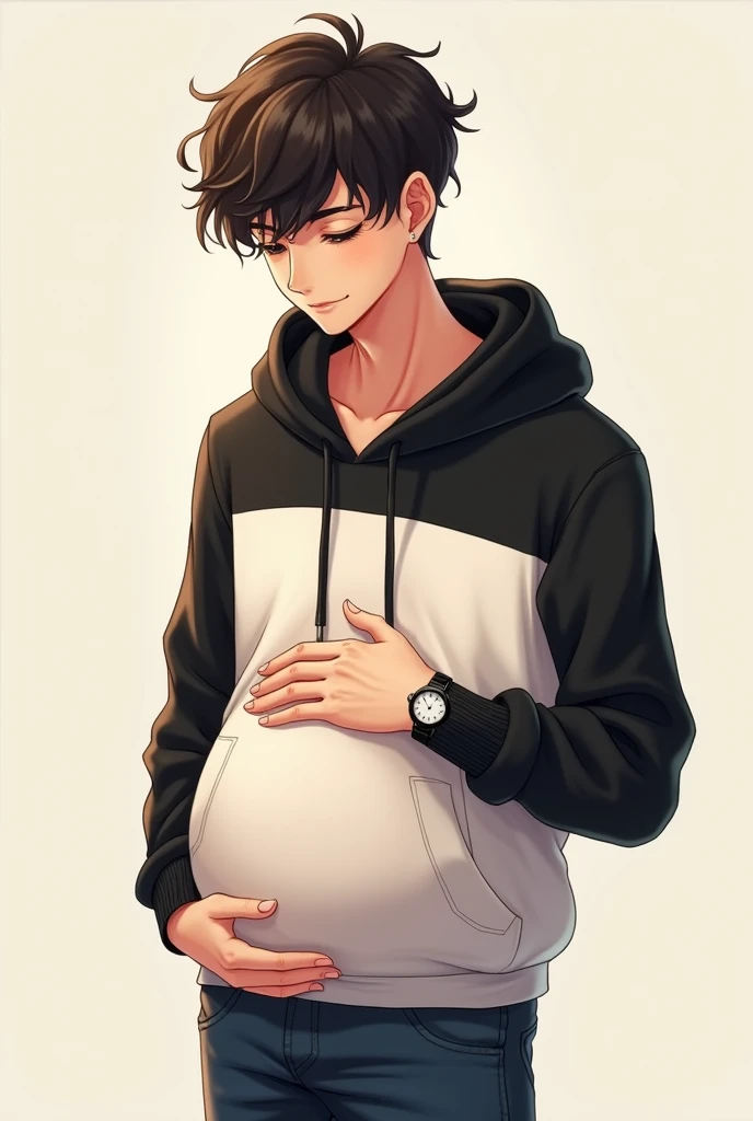 A Cute Handsome Boy 1 boy Wearing white and Black Hoodie and jeans and watch on hand and fluffy hair and 1  faint baby  In stomach and hand on stomach..Anime