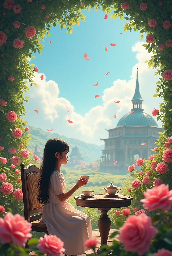 Girl sitting on a chair drinking tea in the dome, among the rose garden, There is a tea set on the table., panoramic view of the garden, The large garden made the girl look small.