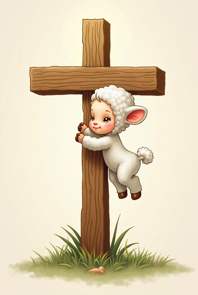 I want an image of a cross and on one side there is a baby lamb hanging, the image embroidered but not so realistic, more like a cartoon., that the lamb is holding on to the left side of the cross