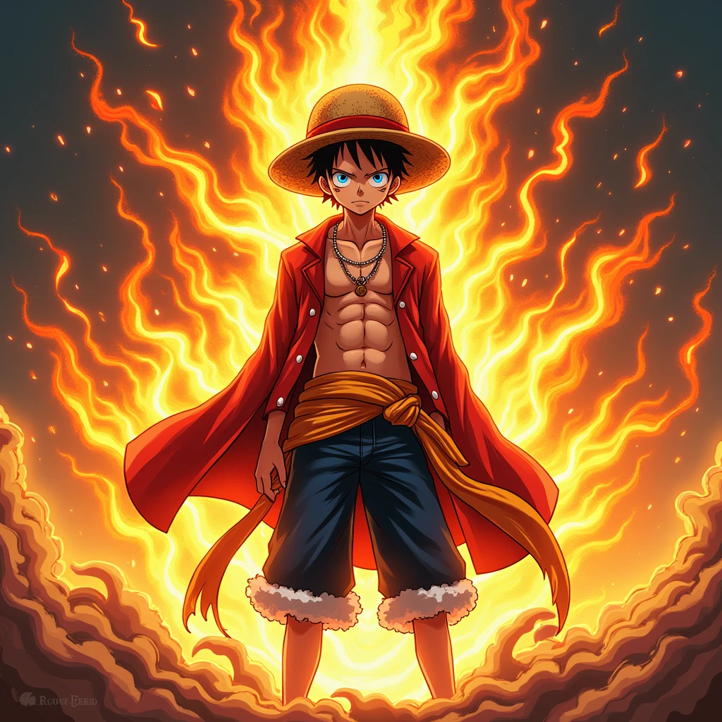 Get ready for a visual feast with Monkey D luffy, glowing Hat , a being with a handsome face and piercing blue eyes. In his transformed state, he radiates extreme instinct and power, making for an epic anime about this energy man. Watch as he controls fire and lava in stunning anime artwork that will leave you in awe. This concept art is straight out of the Bleach Universe, with a manga-style 8k wallpaper that will transport you to another dimension. Prepare to be amazed by this detailed digital anime art, showcasing the ultimate fusion of style and power.