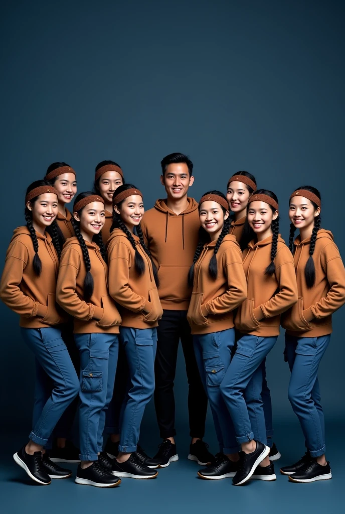 Create a full body eight beautiful Thai's women's smiling wearing a brown hoodie and blue cargo pants with brown headband and black beautiful adidas shoes, black long braids hairstyles and also 1 handsome man wearing a brown hoodie and blue cargo pants black beautiful shoes standing dark blue background and the background has black written " Team fhyrrah moderator" looking at the camera. Photography
