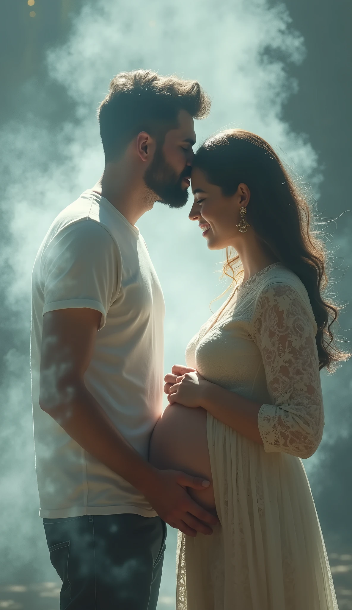Un futuro papà bacia amorevolmente la pancia della moglie in cinta. [(Suspended in the air between scene and the viewer, a translucent, almost ghostly black message reads exactly: "LOVE". The text appears as if it's floating, blurred at the edges, with the letters formed from a faint mist or white smoke that lingers in the space. The smoky words are readable, though not overly bright, hovering just in front of his gaze, creating a surreal yet powerful effect. Text exactly says: "LOVE". They seem to be written in chalk. The text says: "LOVE". semi-transparent text that reads 'LOVE' in a dramatic, bold font. The text almost acts as a title, floating in the air, partially obscuring the scene but enhancing the overall tension and urgency of the moment)]