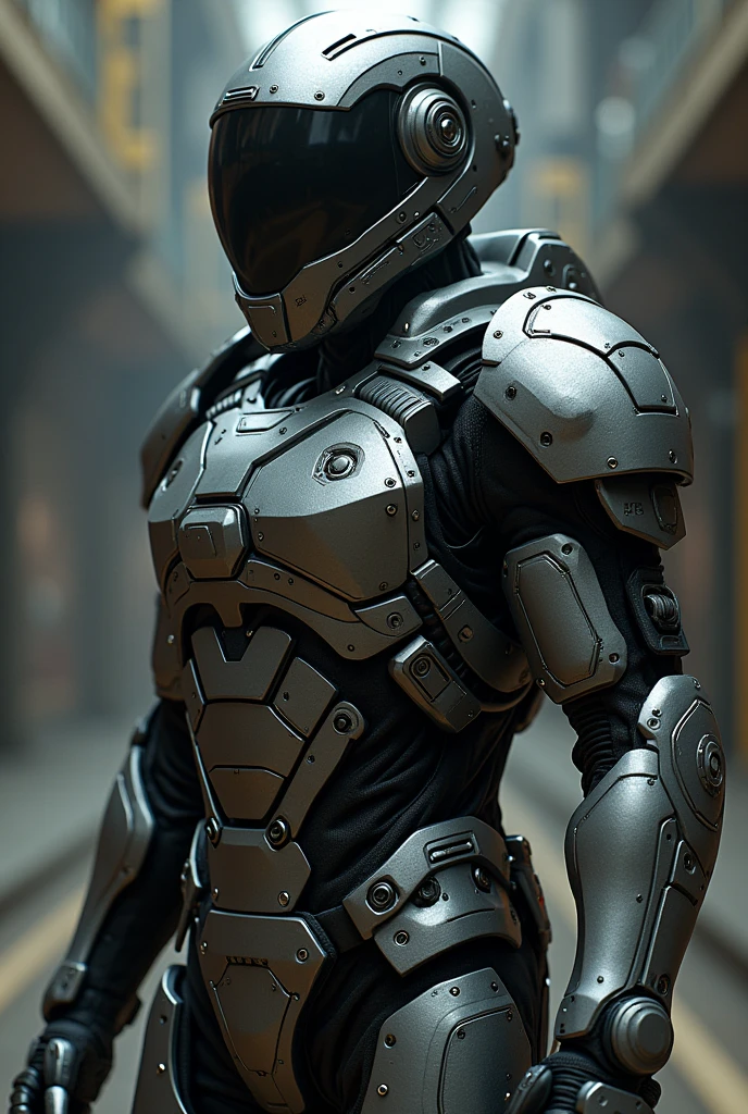 a highly detailed armor suit, complex mechanical armor, detailed metal armor, gleaming steel armor, intricate armor plates, complex articulated joints, sophisticated machinery, futuristic battle armor, minimal skin exposure, fully enclosed design, seamless integration of components, industrial aesthetic, muted color palette, subdued tones, matte finish, photorealistic rendering, cinematic lighting, dramatic shadows, high-contrast details, masterpiece