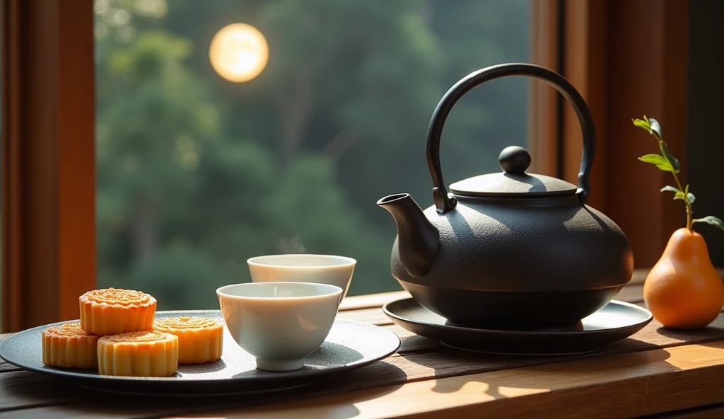 The elegant and refined tea ceremony brings a touch of pure tea charm,bloom in silence。Cast iron kettles are tempered over time,Forge a unique texture,Exuding a warm and moist atmosphere。Beautiful white porcelain cup,Delicate and smooth glaze,Just right to carry the fragrance of tea。The plate is filled with golden color、Fragrant Mid-Autumn Festival mooncakes、a taiwan pomelo, near pear-shaped appearance(Citrus maxima),Interlacing of light and shadow,Exuding warmth and softness,Provides a comfortable and relaxing atmosphere。A bright moon hangs high in the sky outside the wooden window in the background,Bright light and shadow,Highlight the texture of utensils,Small Plants.Feel like you are in a peaceful Zen space。
