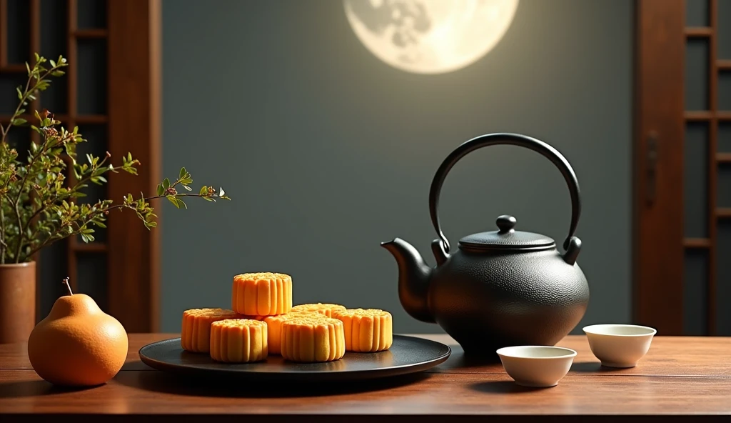 The elegant and refined tea ceremony brings a touch of pure tea charm,bloom in silence。Cast iron kettles are tempered over time,Forge a unique texture,Exuding a warm and moist atmosphere。Beautiful white porcelain cup,Delicate and smooth glaze,Just right to carry the fragrance of tea。The plate is filled with golden color、Fragrant Mid-Autumn Festival mooncakes、a taiwan pomelo, near pear-shaped appearance(Citrus maxima),Interlacing of light and shadow,Exuding warmth and softness,Provides a comfortable and relaxing atmosphere。A bright moon hangs high in the sky outside the wooden window in the background，Bright light and shadow,Highlight the texture of utensils,Small Plants.Feel like you are in a peaceful Zen space。