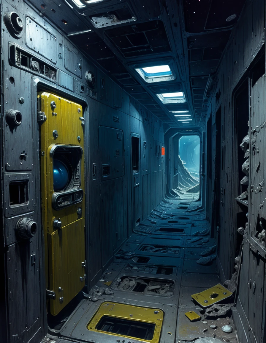 "Close-up of a scavenger lost inside an abandoned space station, Horror, fear, Anxious, High Contrast, Complex, Very detailed, to M.C. Escher and Zdzislaw Beksiński", Surrealism, Weird and infuriating, Oil on canvas, Dry brush, John Berkey Style