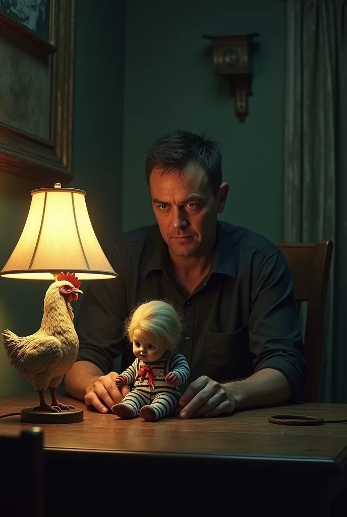 A man with a chicken lamp and a horror doll