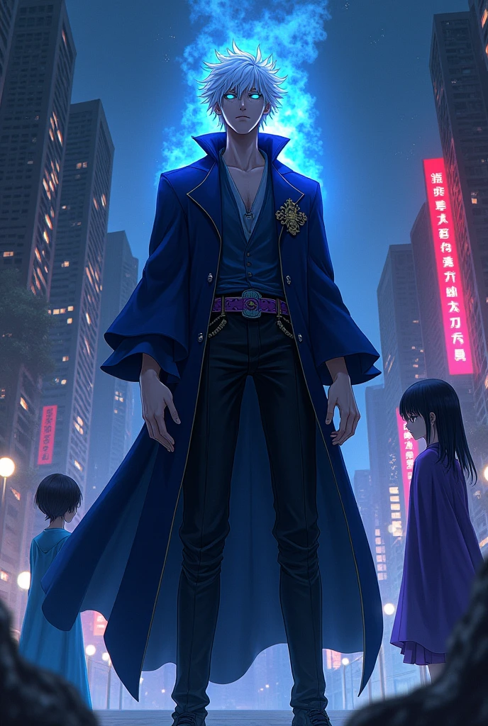 gojo satoru in the night with young blue and young purple background city light 
