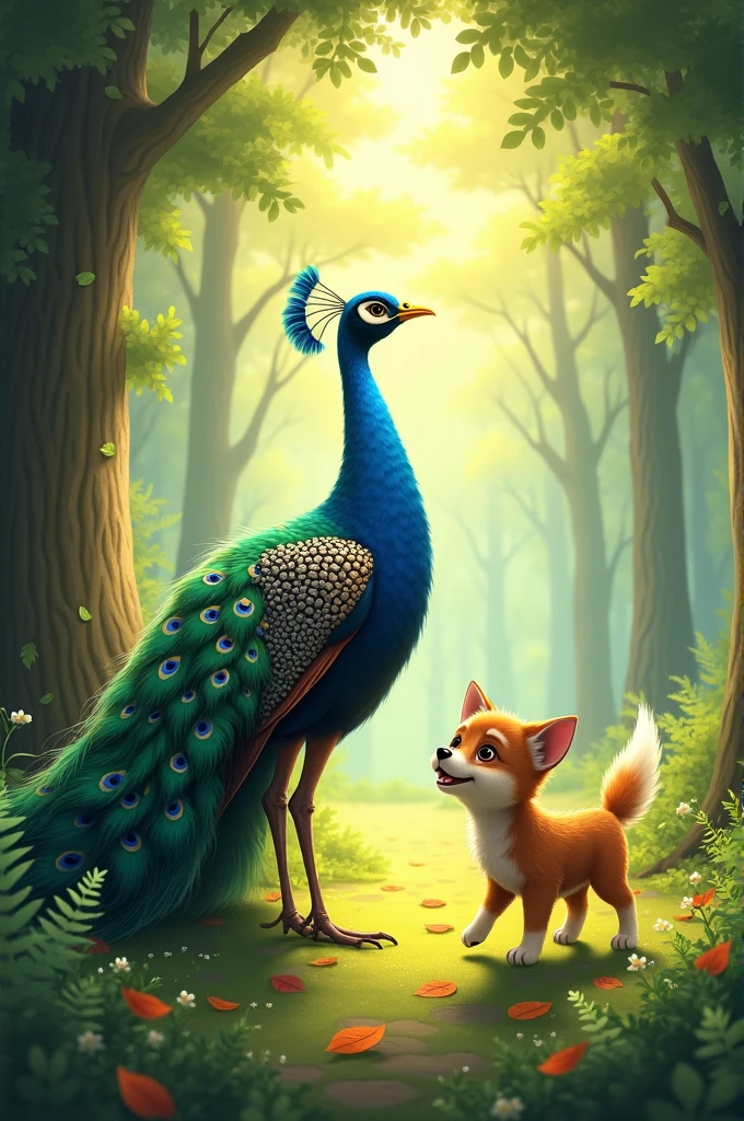 One day, a beautiful peacock and a playful dog met in the forest
