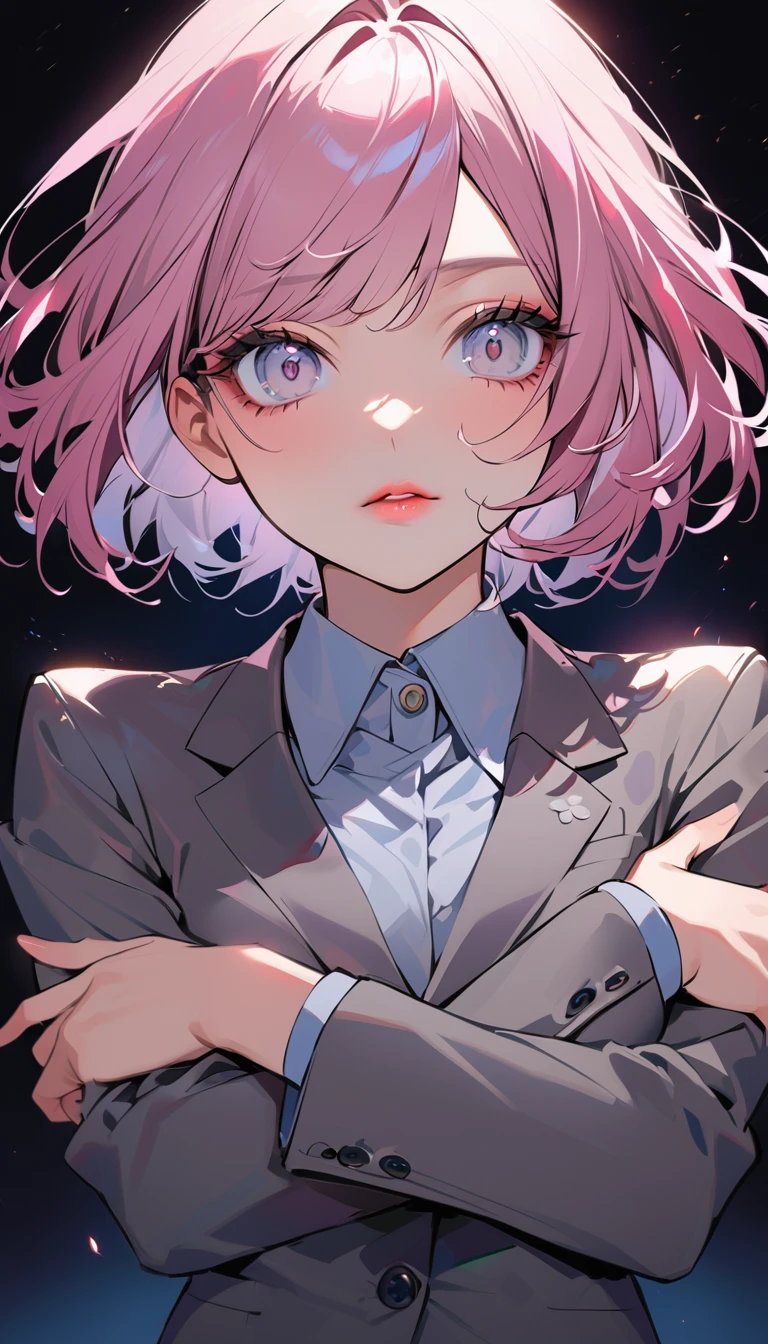 1woman, solo, pink hair, bob cut, gray eyes, detailed eyes, eyelashes, light lips, crisp expression, 25years old, fold hers arms, wear ((Gray suit with re))d stripes