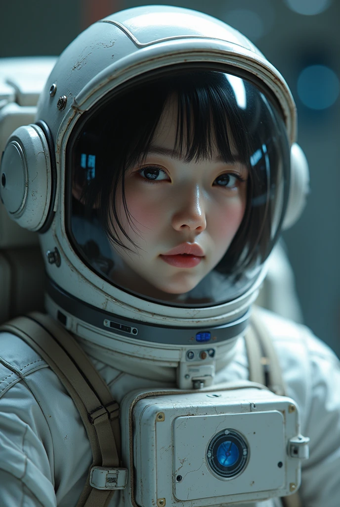(8k, RAW photo, best quality, masterpiece), (photorealistic), outstanding details, ultra-high resolution, anatomically correct, textured skin, (Extremely precise and accurate anatomy),

(wide lens effect), (outer space), astronaut, extravehicular activity, EVA, weightlessness, zero gravity, spacewalk, 
(Cute Japanese girl , 20-year-old),  upper body


(dramatic lighting), cinematic lighting, 