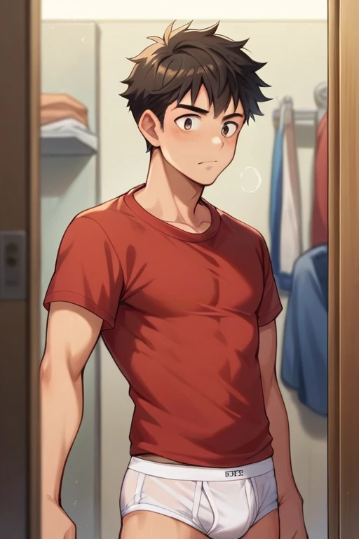 In the morning changing room, a 20 years old slender and mascular man exposes his tighty whities. White briefs. Red T-shirt. He smiles.  Anime