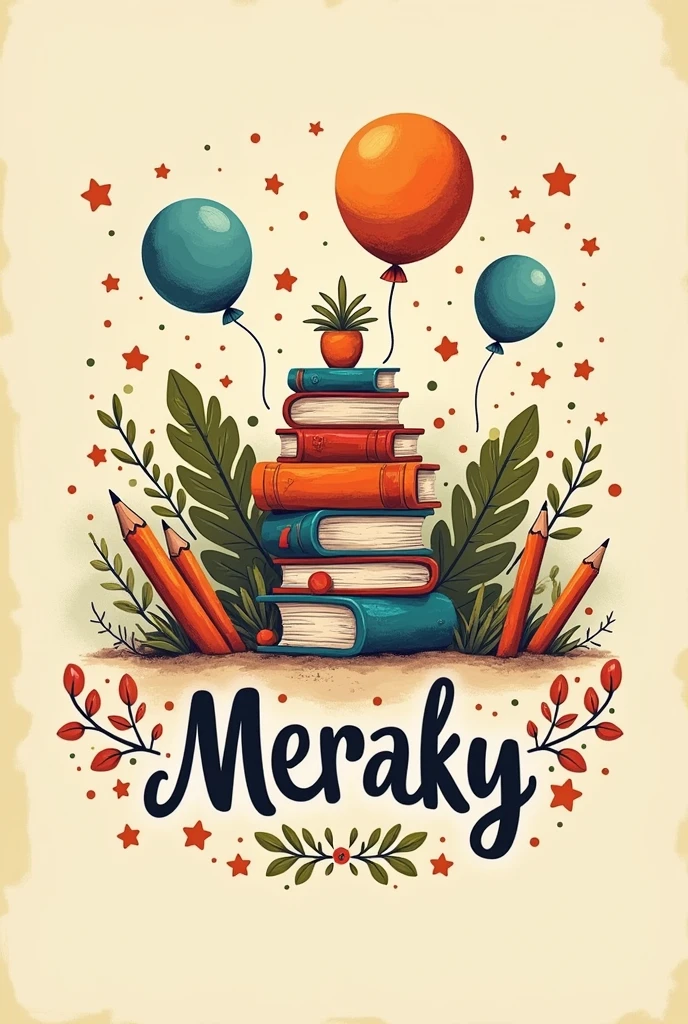 Generate a stationery and bookstore logo that says Meraky that has books, balloons and pencils