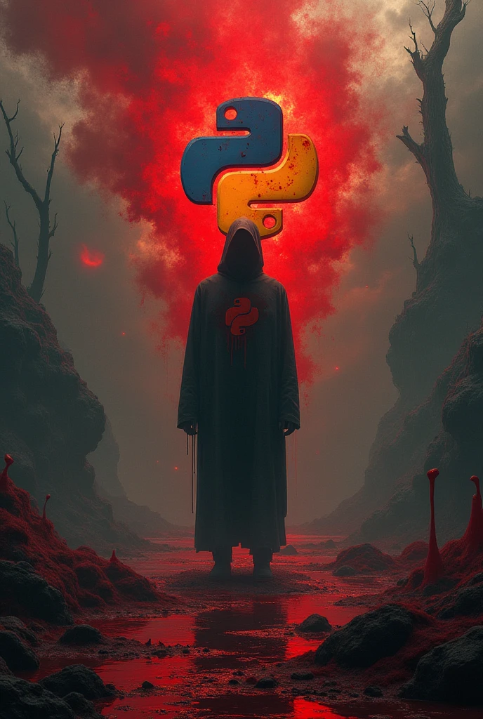 Background should have many course in blood in front one python logo and a man with the logo for