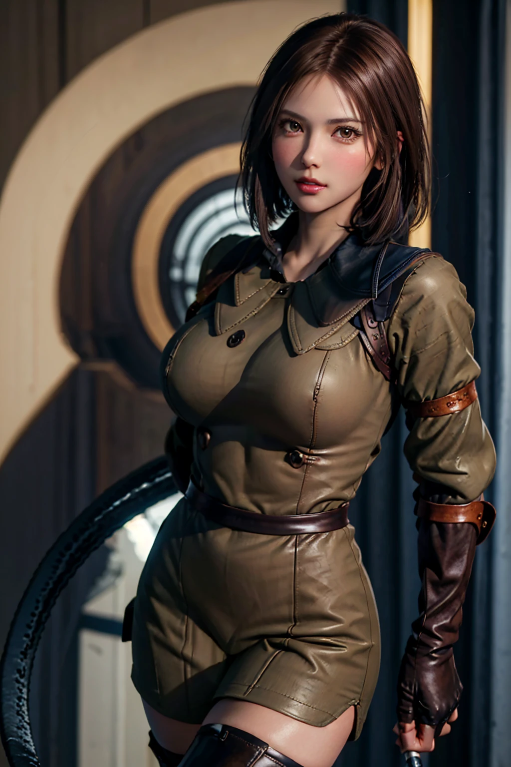 (Best image quality, highest quality, Highest Resolution, Ultra-Realistic Images, Very detailed, masterpiece, 8k), One Woman, Brown medium hair, Khaki military uniform, Leather gloves, Leather boots, ((With a blue whip)), big Breasts, blush, serious look, Dynamic pose, Browsing Caution, half body, perfect face