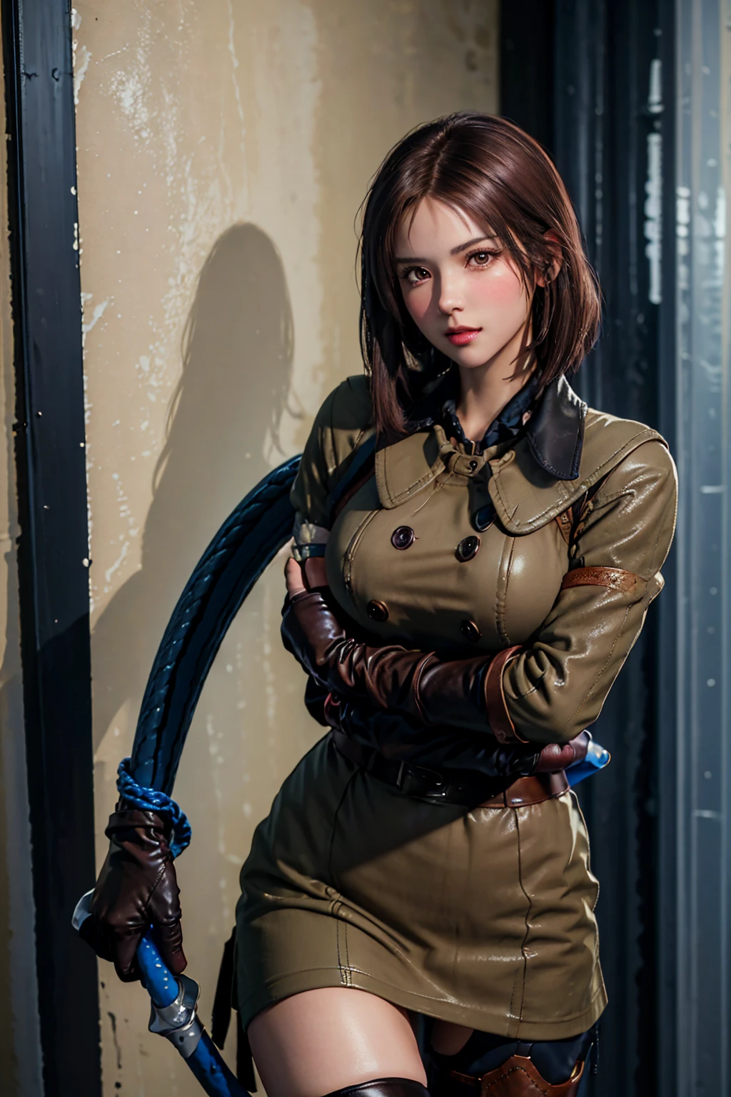 (Best image quality, highest quality, Highest Resolution, Ultra-Realistic Images, Very detailed, masterpiece, 8k), One Woman, Brown medium hair, Khaki military uniform, Leather gloves, Leather boots, ((With a blue whip)), big Breasts, blush, serious look, Dynamic pose, Browsing Caution, half body, perfect face