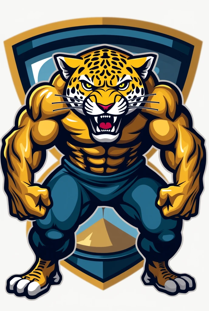 Realistic jaguar mascot LOGO in the shape of an angry muscular man with an hourglass behind, college athletic style 