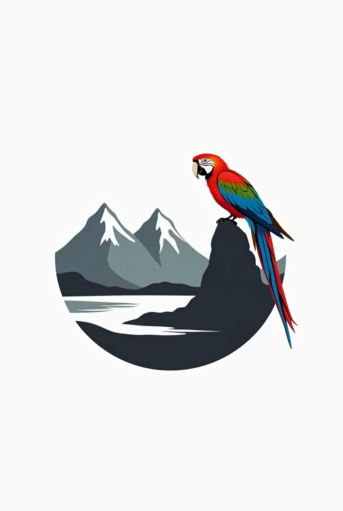 Create me a logo with the following characteristics: mountain peaks, mono, Macaw, laguna, JAC Perico Water