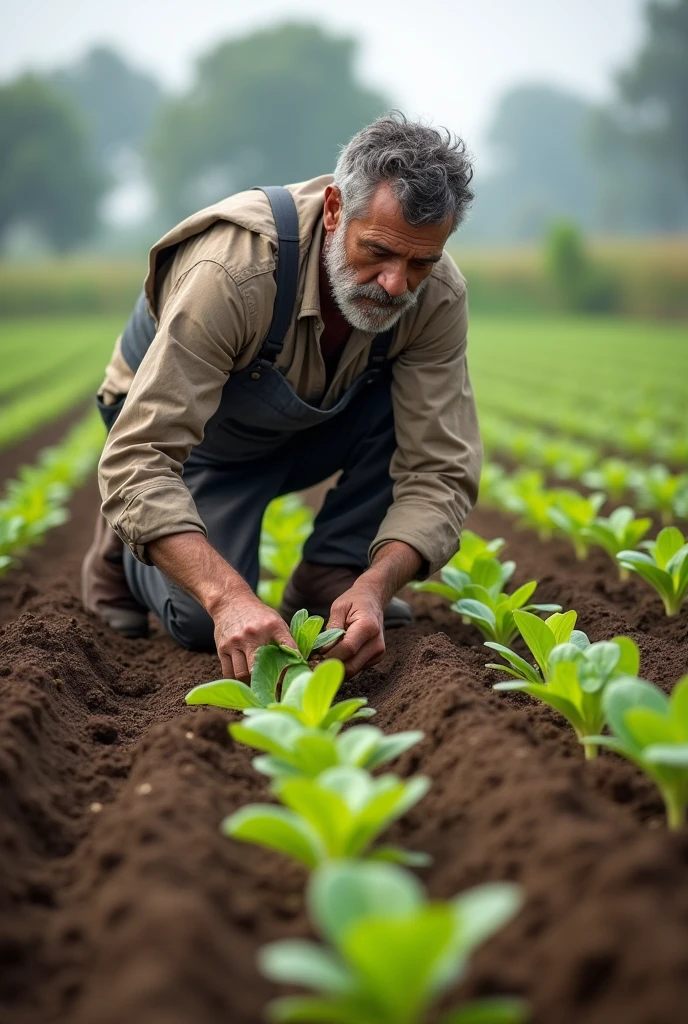 The farmer is diligently working in the field, his face determined and filled with belief. He is tilling the soil, planting seeds, and watering the plants. The field shows signs of green shoots beginning to sprout, symbolizing the fruits of his hard work.