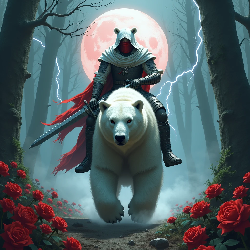 Male knight with a white hood with bear ears wielding a red double-edge sword is riding a polar bear in a forest while the moon shines, many Roses cover the ground and lightning falls from the sky. The polar bear has black eyes and an aggressive appearance. Only the man wears a red blindfold. In the background of the picture is the blood moon. The forest is full of trees with leaves.