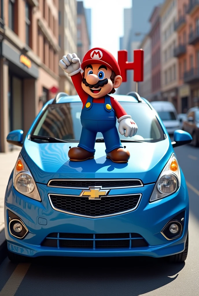 Make a blue Chevrolet Spark with a Mario Bros figure holding an H on it