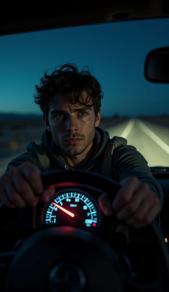 Young man holding the steering wheel and seeing the fuel gauge in the middle of the night In a deserted place