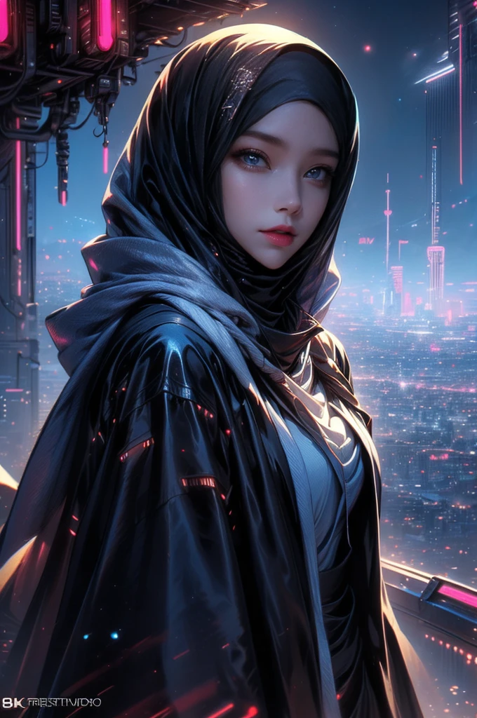 (Neon Cyberpunk Hijab: 1.5), wearing sunhat, [Style: Neon Cyberpunk: 1.3], (RAW Photos: 1.2), (Perfect Eyes: 1.5)),  (Photorealistic: 1.4), (Masterpieces: 1.3), (Best Quality: 1.4), Dreamy, (Detailed Eyes), (Detailed Facial Features), ( (8k:1.27), best quality, masterpiece, Hijab hair, ultra highres:1.2) Photo of Pretty woman (beautiful:1.1) (sci-fi woman:1.1), (Hijab cloak: 1.61) (Hijab leather Coat:1.21) intricate elegant, fantasy, detailed, ometric by greg rutkowski and alphonse mucha, gradient lighting