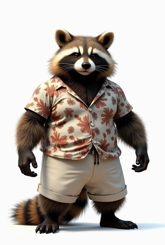 ((masterpiece, best quality, ultra detailed, 8k, photorealistic, hyperrealistic photo)), (Japanese raccoon dog), Aloha with leaf pattern on white fabric, Off-white short pants, (muscularity), Background is white