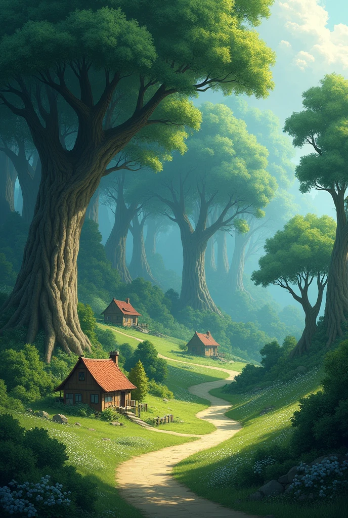 Un petit village paisible entouré par une grande forêt dense. Les maisons sont simples, et la forêt semble lointaine, avec des arbres imposants en arrière-plan. Image 4d
