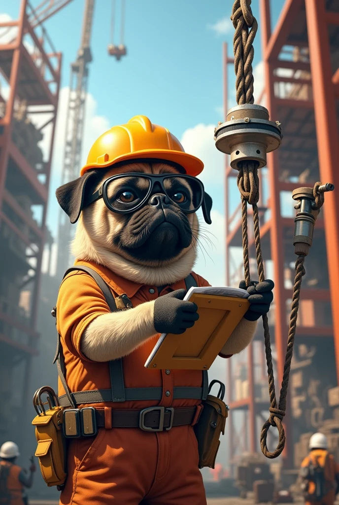 a Pug dog, engineer, guiding the crane operator in a refinery.
He must wear a green vest with safety boots..