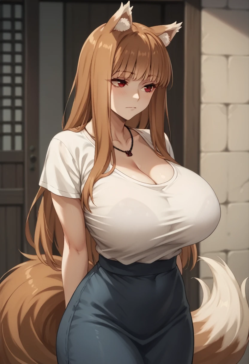 Brown Hair,Long Hair,Red eyes, Wolf Girl,Wolf Ears,Wolf's tail、Huge breasts、T-shirt long maxi dress、Tight clothing、Cleavage、Round Breasts